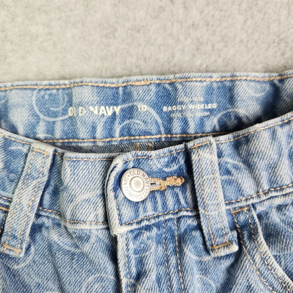 Old Navy Jeans Girls 10 Blue Smiley Face High Rise Built-In Tough Baggy Wide Leg